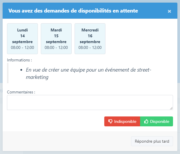 Modale côté hôte/sse