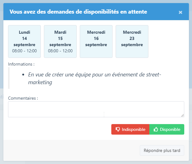 Exemple d'un cas avec deux demandes regroupées : une les 14, 15 et 16 de 8h à 12h et une les 16 et 23 en journée complète