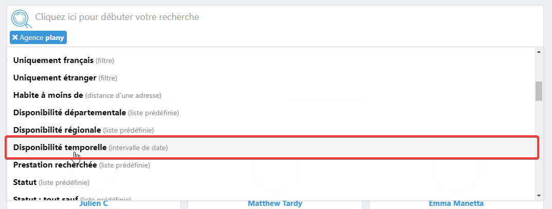 Filtre selon les disponibilités temporelles