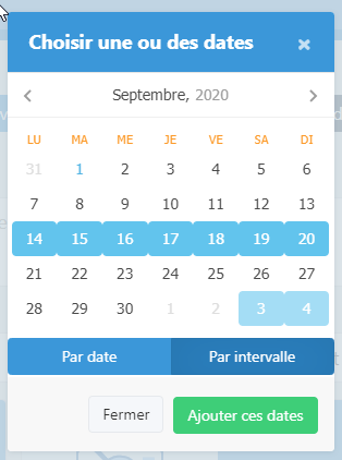 Calendrier de sélection des dates pour la recherche