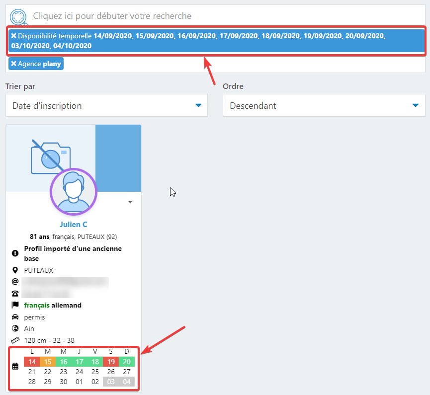 Calendrier de disponibilité au niveau de la recherche