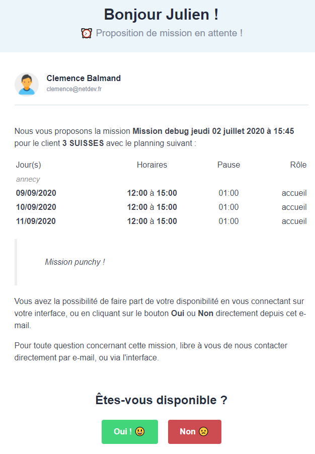 Mail version actuelle (type "Dates et rôles imposés")