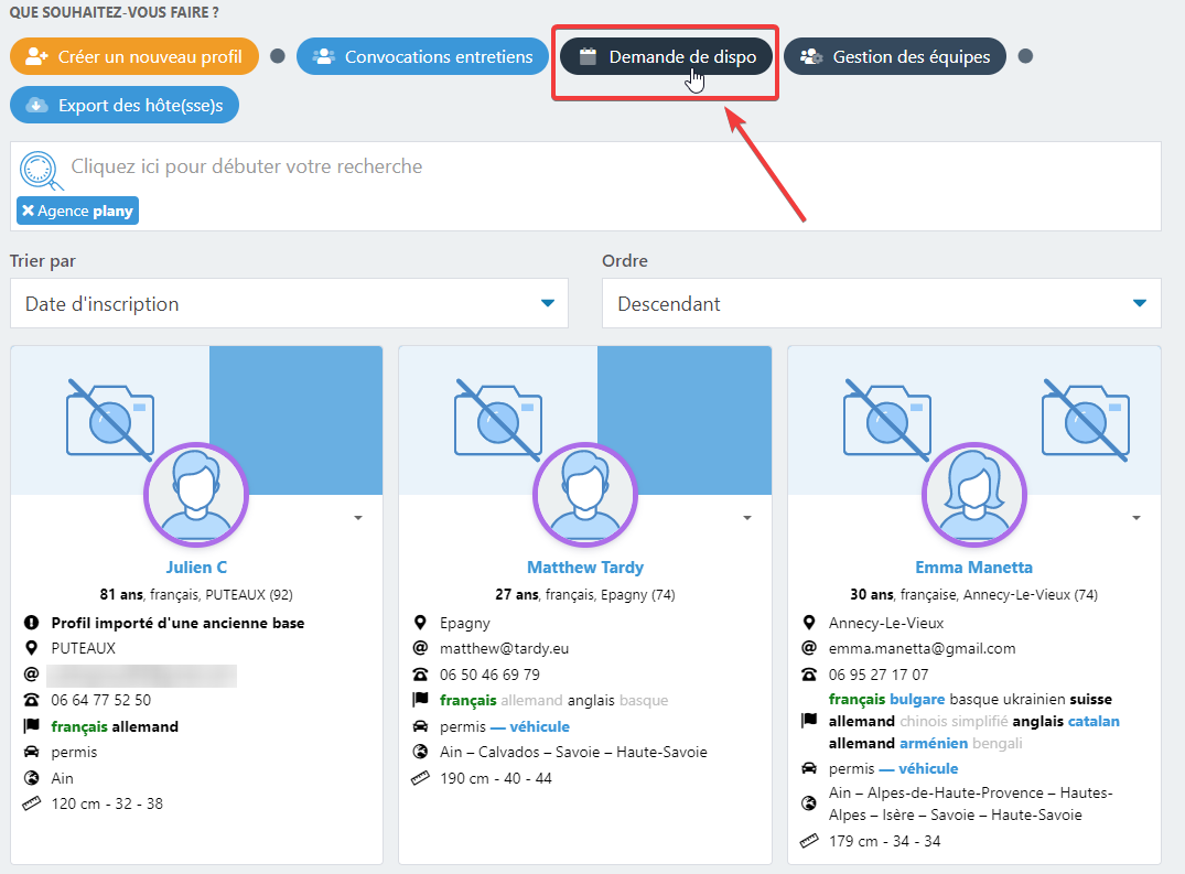 Recherche filtrée pour l'envoi de la demande