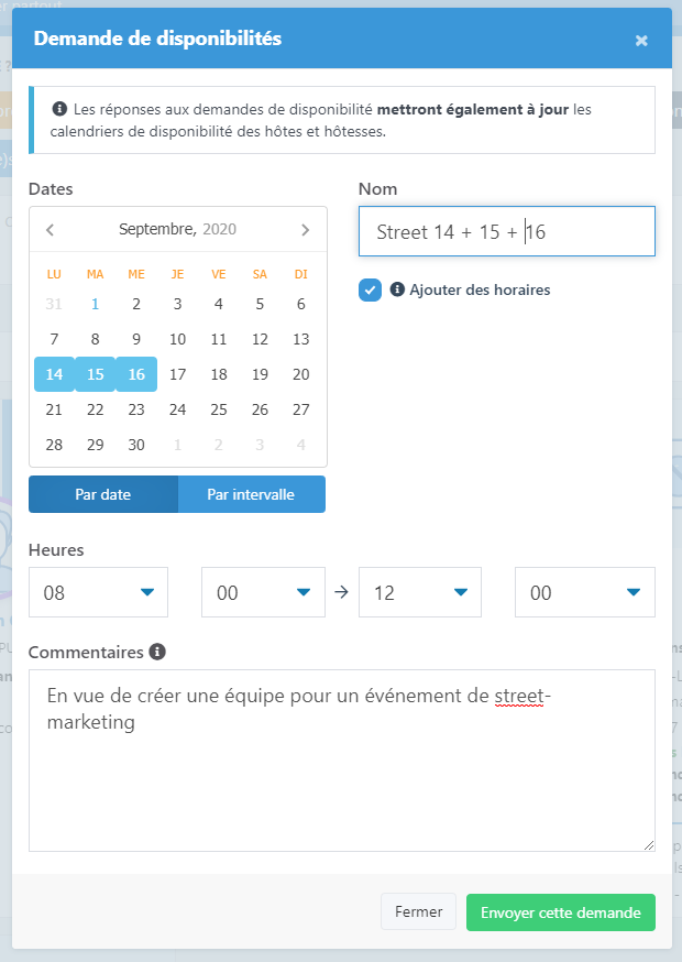 Interface de création de la demande de disponibilités