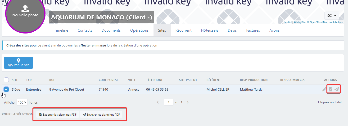 Boutons planning sur une page client (onglet site ici, identique onglet récurrent pour l'export par poste)