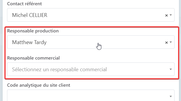 Champs "responsable" de la modale d'édition d'un site client