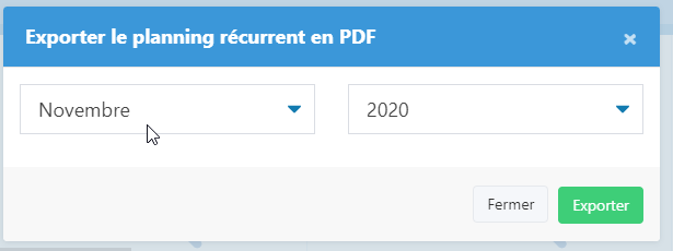 Modale d'export pour le choix du mois