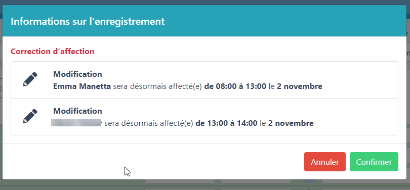 Modale de vérification et validation