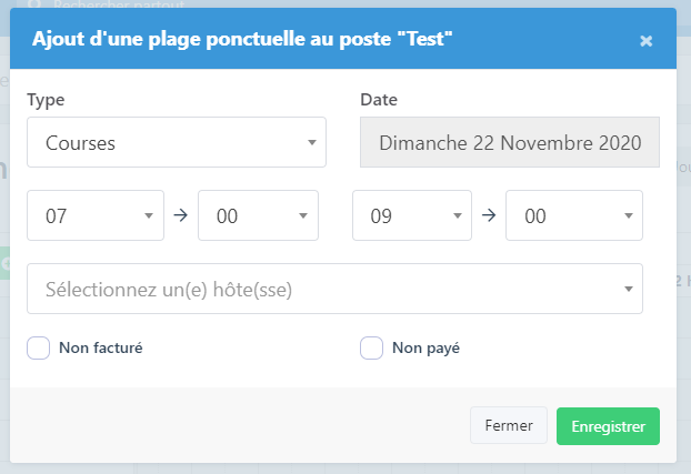 Fenêtre de création d'une plage ponctuelle