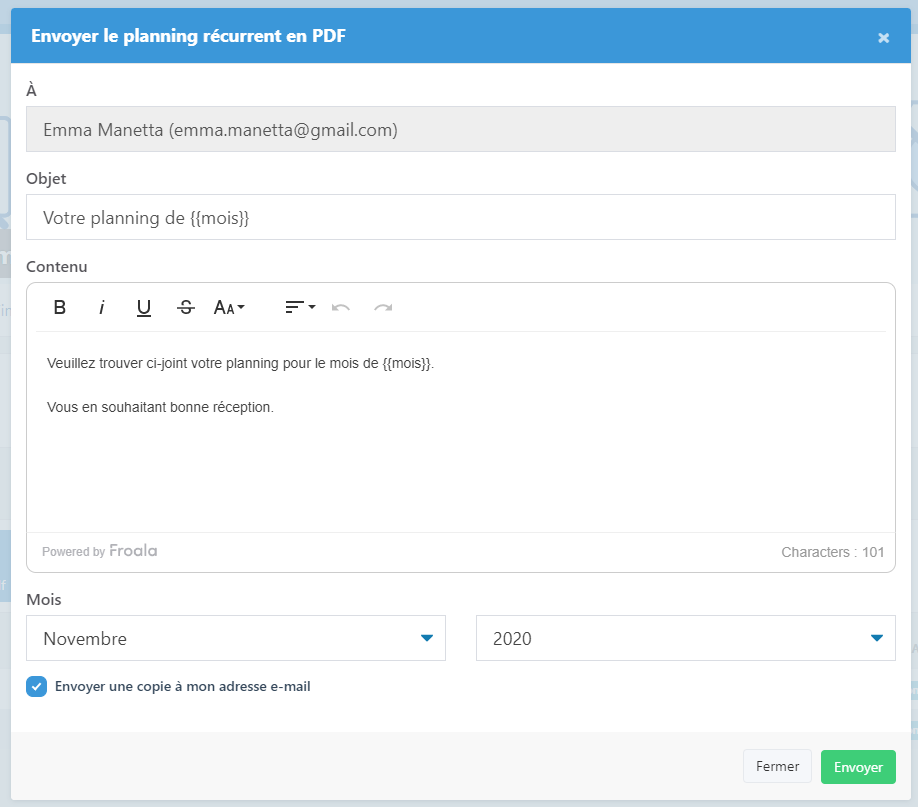 Fenêtre pour l'envoi par mail avec le choix du mois