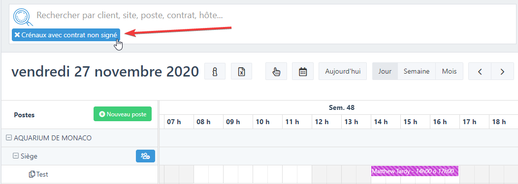 Filtre "Créneaux avec contrat non signé" pour voir les plages brouillon