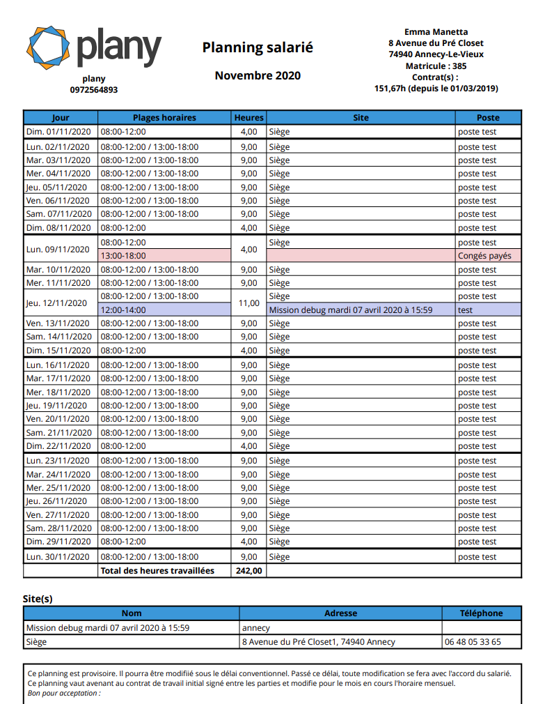 Exemple d'un planning salarié, avec absence et heures événementielles intégrées