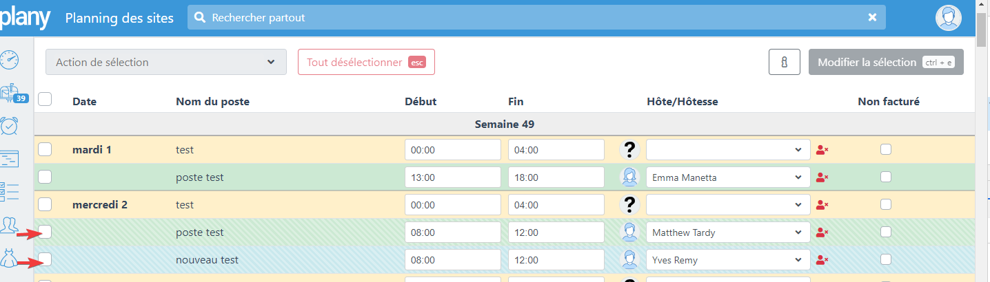 Plages hachurées sur le tableau d'affectations mensuelles par site