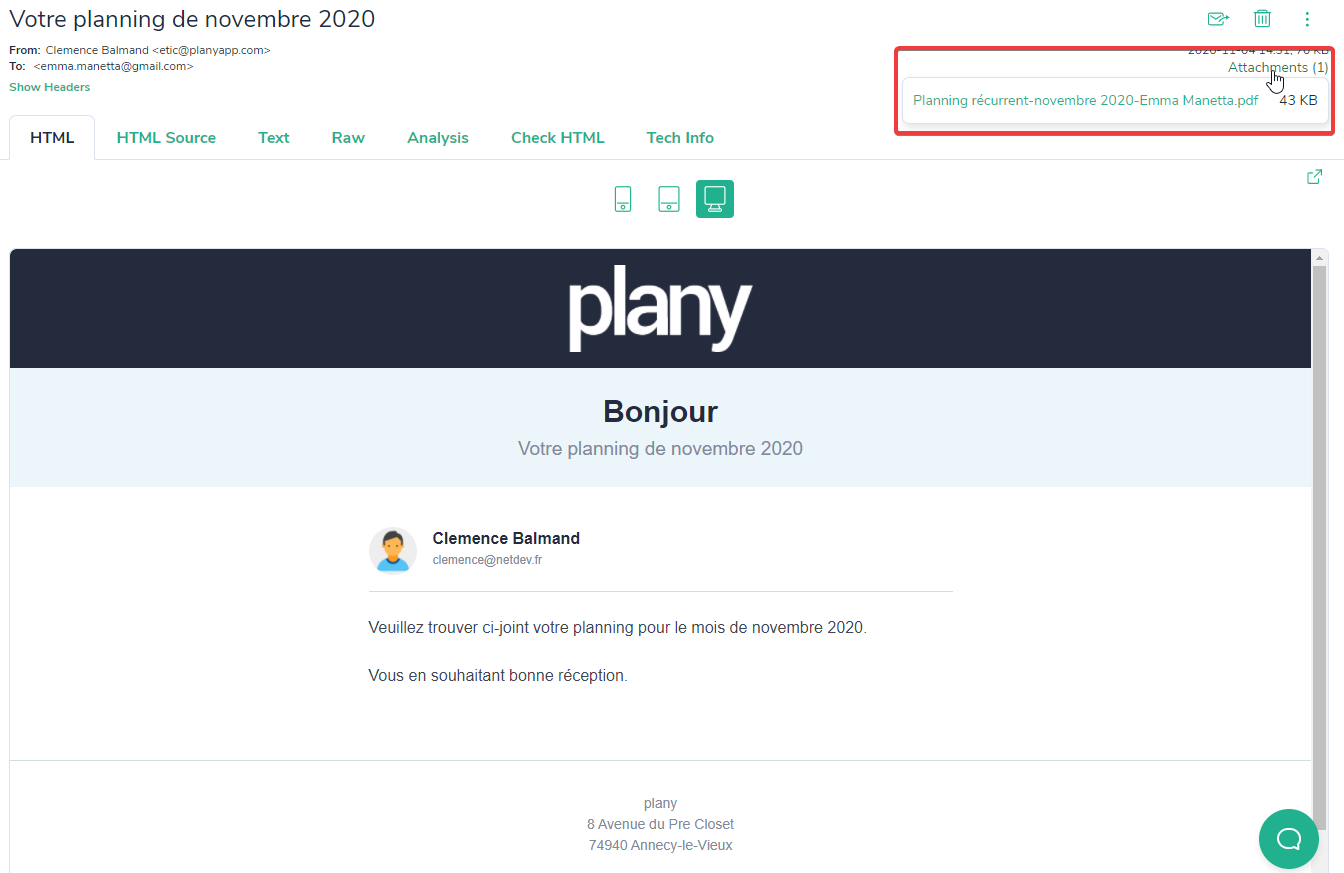 Exemple du mail envoyé avec le ou les documents en pièce jointe