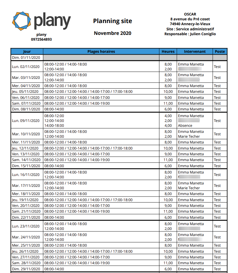 Exemple d'un planning site, regroupant tous les postes