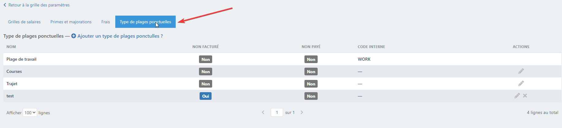 Liste des types de plages ponctuelles avec ajout, modification et suppression