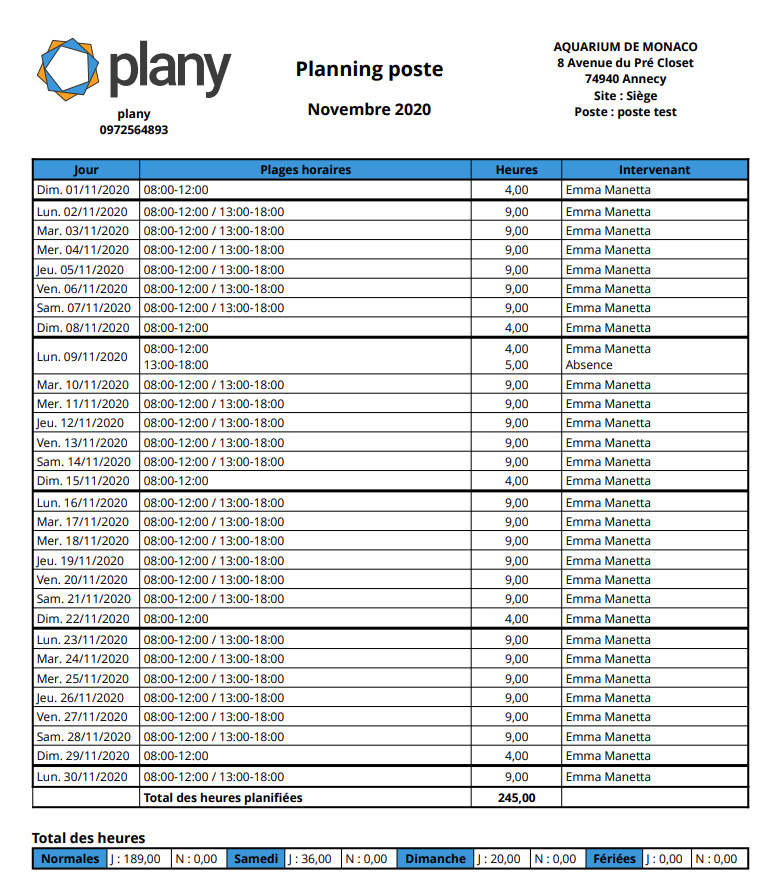 Exemple d'un planning poste avec les totaux d'heures