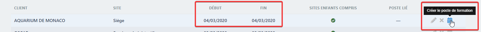Dates de début et de fin d'une formation avec bouton de création du poste