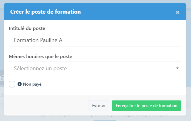 Fenêtre de sélection du poste à dupliquer pour la création du poste de formation