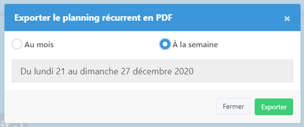 Choix de l'export PDF au mois ou à la semaine