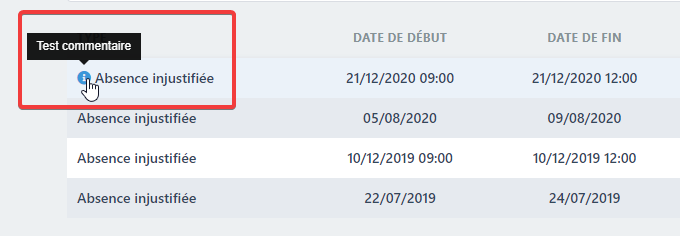 Visualisation du commentaire d'absence sur le listing absences du salarié