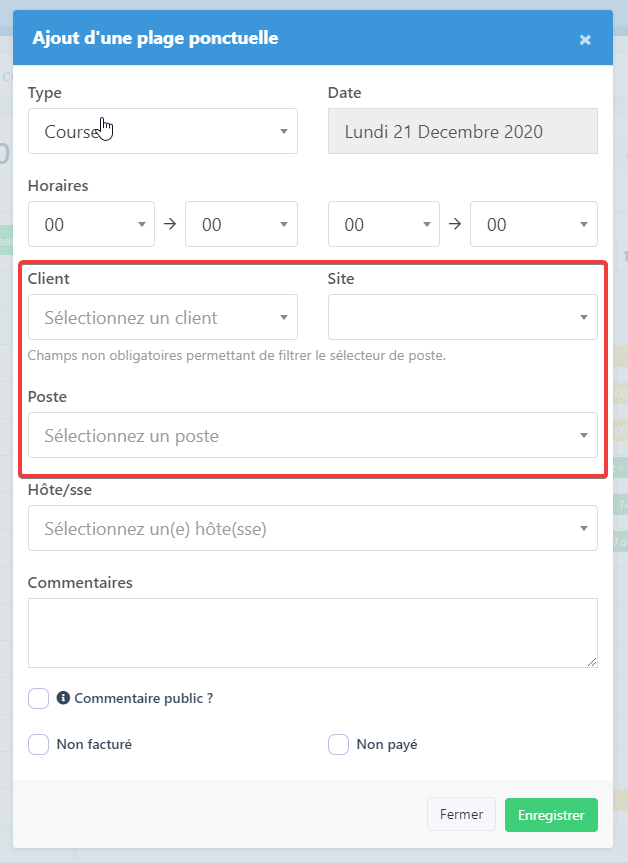 Fenêtre pour l'ajout d'une plage ponctuelle avec sélection du poste et des client et site optionnellement